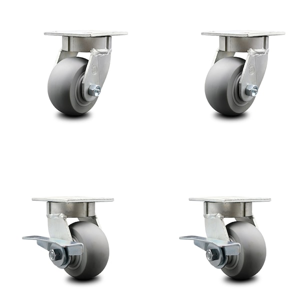 4 Inch Kingpinless Thermoplastic Rubber Wheel Swivel Caster Set with 2 Brakes